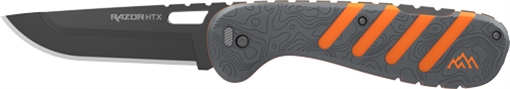 Picture of Outdoor Edge Razor HTX, Folding Knife, Plain Edge, 3.5" Blade Length, Includes (5) Drop Point Blades, (1) Gutting Blade, (1) Saw Blade Pod, Matte Finish, Orange and Gray Rubberized Aluminum Handle HTX35Y-6C HTX35Y6C