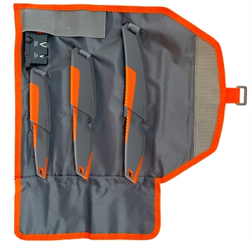 Picture of Outdoor Edge Vantex, 4-Piece Roll Pack Kit, Fixed Blade Knives, Gray & Orange Rubber Overmolded Handles, Includes (1) Drop Point, (1) Boning, (1) Caping, (1) Sharpener VNTX4-C VNTX4C