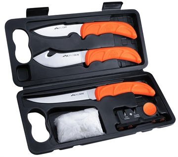 Picture of Outdoor Edge Wildlite Game Processing Kit, Fixed Blade Knife Set, Plain Edge, 420J2 Stainless Steel, Orange Handle, Includes (1) Caper Knife, (1) Skinner Knife, (1) Boning Knife, and Knife Sharpener WL-6