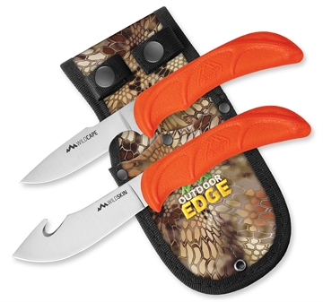 Picture of Outdoor Edge Wild Pair, Fixed Blade Knife Set, Plain Edge, 420J2 Stainless Steel, Orange Handle, Includes (1) Caper Knife, (1) Skinner Knife, and Nylon Sheath WR-1C