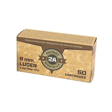 Picture of Patriot Sports Brass Case Handgun Ammunition 9mm Luger 115gr FMJ 1230 fps 1000/ct (20-50/ct Boxes) P9MM115FC