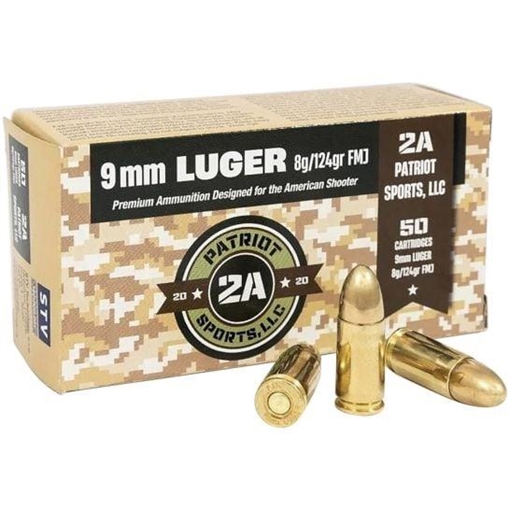 Picture of Patriot Sports Brass Handgun Ammunition 9mm Luger 124gr FMJ 1148 fps 1000rd (20-50rd Box) P9MM124FC -