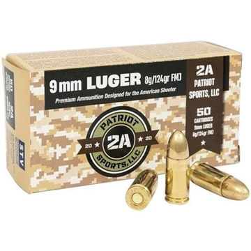 Picture of Patriot Sports Brass Handgun Ammunition 9mm Luger 124gr FMJ 1148 fps 1000rd (20-50rd Box) P9MM124FC -