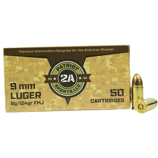 Picture of Patriot Sports Brass Case Handgun Ammunition 9mm Luger 124gr FMJ 1148 fps 1000/ct (Case of 20-50/ct Boxes) P9MM124FC