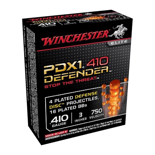 Picture of Winchester Ammunition Defender, Supreme Elite, 410 Gauge, 3" Buckshot, 3 Defense Discs, 12 BB Pellets, 10 Round Box S413PDX1