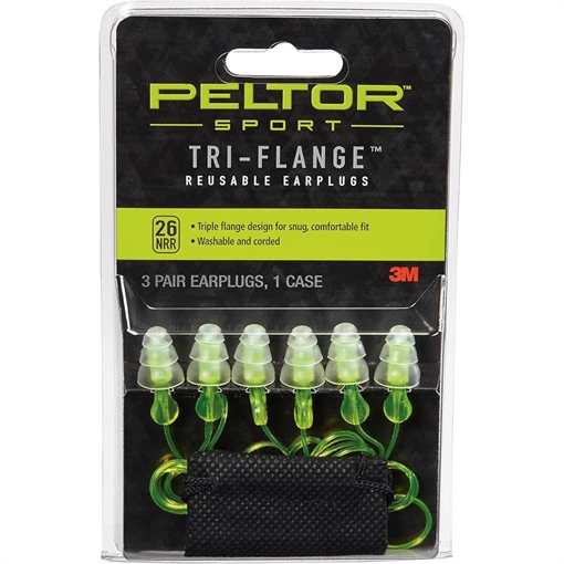 Picture of Peltor Sport Tri-Flange Corded Reusable Earplugs 26dB Neon Yellow 3/ct 97317-7DC