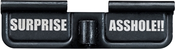 Picture of Phase 5 Weapon Systems Ejection Port Door AR-15 Black Parkerized Steel 3.10" Engraved "Surprise Asshole!!" EPCSURPRISE