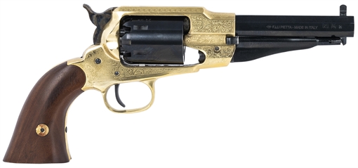 Picture of Pietta 1858 Sheriff 44 Cal 5.50" 6rd Brass Frame Engraved Brass Frame, Blued Engraved Cylinder, Blued Engraved Steel, Barrel Walnut Grip PF58BRE44512