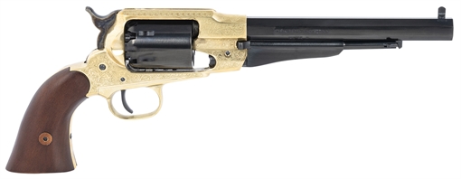 Picture of Pietta 1858 44 Cal 6rd 8" Blued Barrel & Cylinder, Engraved Brass Frame, Walnut Grip, Brass trigger Guard & Backstrap PF58BRE448