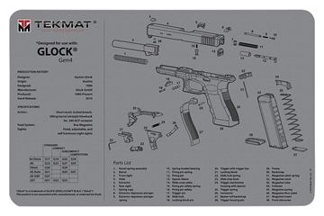 Picture of TekMat  Glock Gen 4 Cleaning Mat Gray Rubber 11"x17" Glock Gen 4 Parts Diagram  TEK-R17-GLOCK-G4-GY