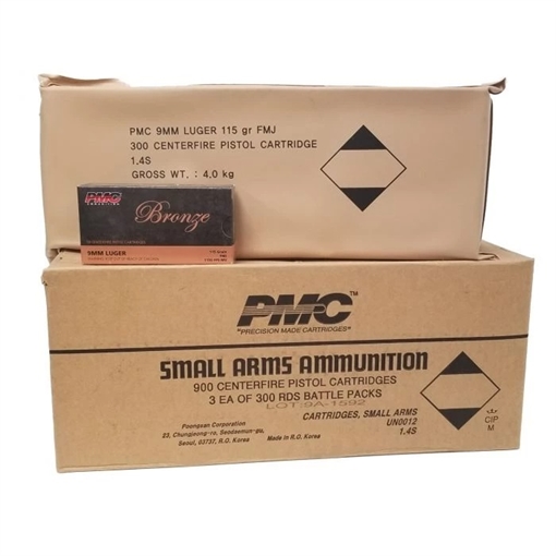 Picture of PMC Bronze Battle Pack 9mm Luger Handgun Ammo - 115 Grain | FMJ | 900rd (3 Battle Pack) Case 9A-BP