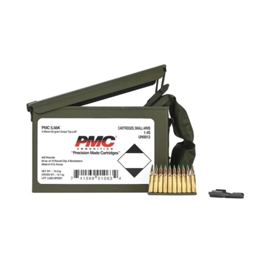 Picture of PMC Rifle Ammunition 5.56 NATO 62 gr Green Tip 2920 fps 1680/ct w/Bandoleer Metal Box (2-Metal Boxes) 1680/ct Total 5.56 (M855) (M/B) 556M855MB