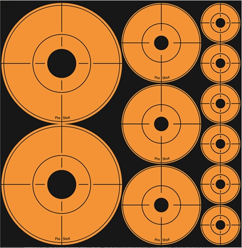Picture of PRO-SHOT ORANGE PEEL AND STICK ASSORTED - 3IN DOTS 2 2IN DOTS 3 AND 1IN DOTS 6 - 10 SHEETS ASSORTED-DOT