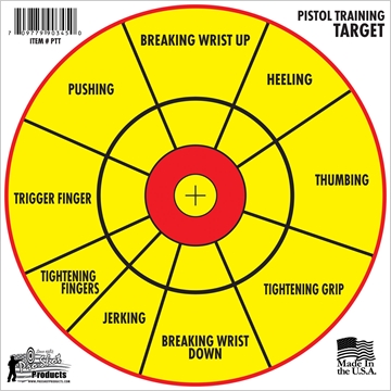 Picture of Pro-Shot Pistol Training 12" Diagnostic Bullseye Hanging Paper Yellow/Red Impact Enhancement 6 Pack PTT6PK