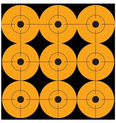 Picture of PRO-SHOT ORANGE PEEL AND STICK 2IN TARGET DOTS - 9 DOTS PER SHEET - 12 SHEETS 2RDOT-108