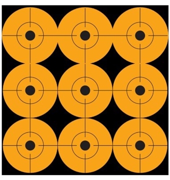 Picture of PRO-SHOT ORANGE PEEL AND STICK 2IN TARGET DOTS - 9 DOTS PER SHEET - 12 SHEETS 2RDOT-108