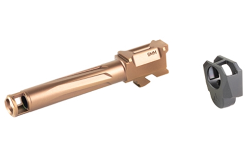 Picture of Radian Weapons RAMJET Barrel, AFTERBURNER Compensator, 9MM, DLC Finish, Bronze and Black, INTRA-LOK Mounting System, Fits Glock 19 Gen3 R0835