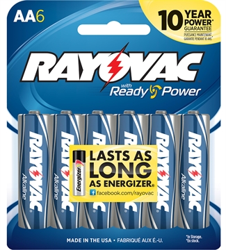 Picture of Rayovac AA HIGH ENERGY Alkaline Batteries Silver/Blue 1.5 Volts 2,700 mAh (6) Single Pack 8156F