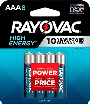 Picture of Rayovac AAA HIGH ENREGY Alkaline Batteries Silver/Blue 1.5 Volts 1,123 mAh (8) Single Pack 8248T102