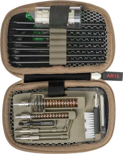 Picture of Real Avid Real Avid, Gun Boss, AR15 Cleaning Kit, Threaded Rods, T-Handle, Brushes, Cleaning Picks, 3-In-1 Bore Illuminator, Pin Punch, Safety Flag, Star Chamber Cleaning Pads, Cleaning Patches, Includes Zippered Case With Ballistic Nylon Shell AVGCKAR15