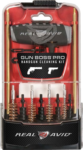 Picture of Real Avid Gun Boss Pro, Gun Boss, Pro Handgun Cleaning Kit, Polycarbonate Kickstand Case, Multi-Function Handle, Brass Rods, Bronze Brushes, Fixed/Rotating Threaded Receiver, Tap Hammer, Slotted Tips, Cleaning Patches, Fits .22, .357, .38, .40, .45, 9mm AVGBPRO-P AVGBPROP