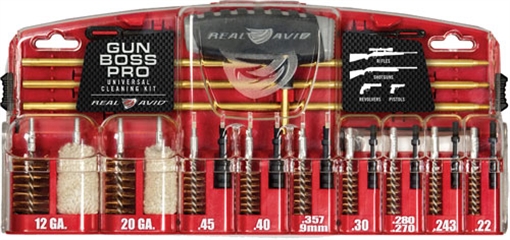 Picture of Real Avid Cleaning Kit, Gun Boss Pro-Universal Gun Cleaning Kit, Multi-Function Handle, Three Brass Rod Sections, Kickstand Tool Case, Labeled compartments, Fits .22, .243, .280, .270, .30, .357, 9mm, .40, .45, 20Ga, 12Ga AVGBPRO-U AVGBPROU