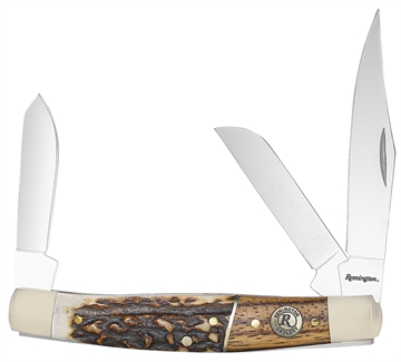 Picture of Remington Accessories Guide Stockman Folding Stainless Steel Blade Brown/White/Silver w/Remington Shield Stag Bone/Nickle Handle 15653