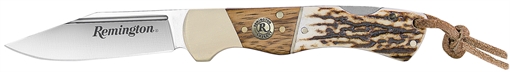 Picture of Remington Accessories Guide Lock Back 4.00" Folding V-Flat Stainless Steel Blade, Stag Bone Handle w/Remington Shield, Nickle Silver Bolsters, Includes Leather Lanyard 15654