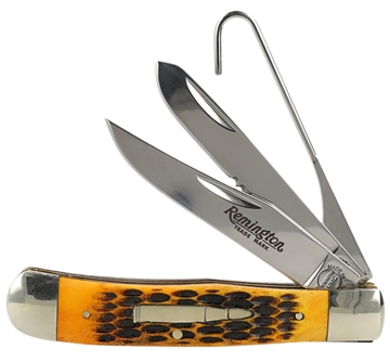 Picture of Remington Accessories Bullet Waterfowler Pocket Folding Clip Point/Gut Hook/Spey Gut Hook/Part Serrated/Plain Polished Carbon Steel Blade, Burnt Dark Amber Jigged Bone Handle R15696