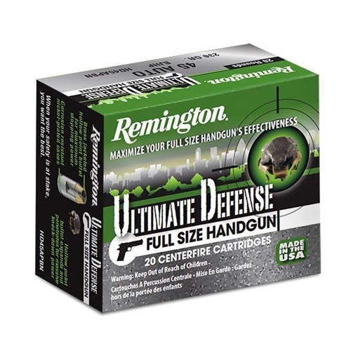 Picture of Remington Ultimate Defense Full Sized Handgun Ammunition 9mm Luger (+P) 124 gr. JHP 1180 fps 20/ct 28948