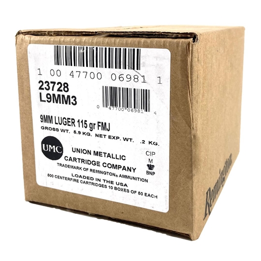 Picture of Remington UMC Handgun Ammunition 9mm Luger 115 gr FMJ 1145 fps 1000/ct Case (20-50/ct Boxes) 23728CASE