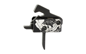 Picture of Rise Armament Super Sporting Trigger, Live Free or Die, Flat Trigger, Anodized Finish, Black and White, Includes Anti-Walk Pins RA-140F-LFOD-AWP