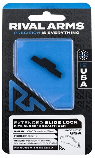 Picture of Rival Arms Slide Lock Extension, Fits Glock Gen 3/4, Machined From a Solid Stainless Steel Billet, Quench-Polish-Quench (QPQ) Thermo-Chemical Case Hardened, Black Finish, No Gunsmith Required RA-RA80G001A