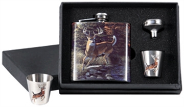 Picture of RIVERS EDGE POCKET FLASK WITH 2 SHOT GLASSES WHITETAIL DEER 988