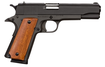 Picture of Rock Island GI Standard FS *CA Compliant 45 ACP Caliber with 5" Barrel, 8+1 Capacity, Overall Black Parkerized Finish Steel, Beavertail Frame, Serrated Slide & Wood Grip 51421