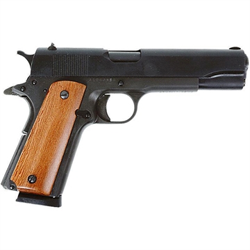 Picture of Rock Island GI Standard FS *MA Compliant 45 ACP Caliber with 5" Barrel, 8+1 Capacity, Overall Black Parkerized Finish Steel, Beavertail Frame, Serrated Slide & Wood Grip 51421MA