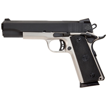 Picture of Armscor Rock Standard FS 2-Tone, 1911, Semi-automatic, Metal Frame Pistol, Full Size, 45ACP, 5" Barrel, Steel, Two-Tone Finish, Black and Silver, Rubber Grips, Fixed Sights, 8 Rounds, 1 Magazine 51447