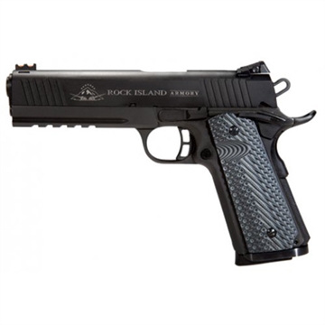 Picture of Rock Island Tac Ultra FS 45 ACP Caliber with 5" Barrel, 8+1 Capacity, Overall Black Parkerized Finish Steel, Picatinny Rail/Beavertail Frame, Serrated Slide & Black & Gray G10 Grip 51485