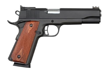 Picture of Rock Island Pro Ultra Match *CA Compliant 45 ACP Caliber with 5" Barrel, 8+1 Capacity, Overall Black Parkerized Finish Steel, Beavertail Frame, Serrated Slide & Checkered Wood Grip 51434
