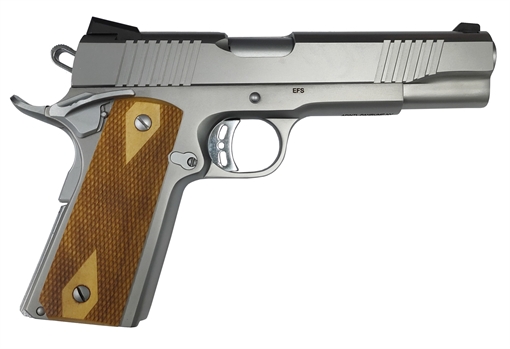 Picture of Rock Island Rock Full Size 9mm Luger 10+1, 5" Stainless Steel Barrel & Serrated Slide, Matte Stainless Steel Frame w/Beavertail, Wood Double Checkered Grip 56828
