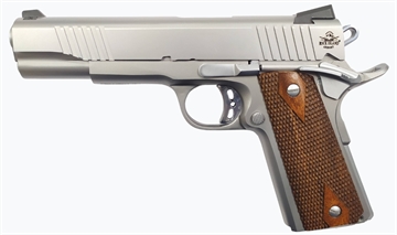 Picture of Rock Island Rock Standard FS *CA Compliant 45 ACP Caliber with 5" Barrel, 8+1 Capacity, Overall Matte Stainless Steel Finish, Beavertail Frame, Serrated Slide & Double Checkered Wood Grip 51414