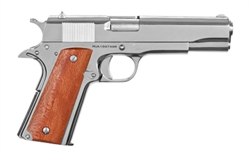 Picture of Rock Island GI Standard FS *CA Compliant 38 Super Caliber with 5" Barrel, 10+1 Capacity, Overall Polished Nickel Finish Steel, Beavertail Frame, Serrated Slide & Wood Grip 51814