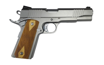 Picture of Armscor Rock Series, 1911, Semi-automatic, Metal Frame Pistol, Full Size, 10MM, 5" Barrel, Stainless Steel Finish, Silver, Double Checkered Wood Grips, Fixed Sights, Ambidextrous Safety, 8 Rounds, 1 Magazine 56865