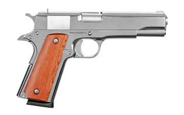 Picture of Armscor GI Standard FS Nickel, 1911, Semi-automatic, Metal Frame Pistol, Full Size, 45ACP, 5" Barrel, Steel, Polished Nickel Finish, Wood Grips, Fixed Sights, 8 Rounds, 1 Magazine 51433