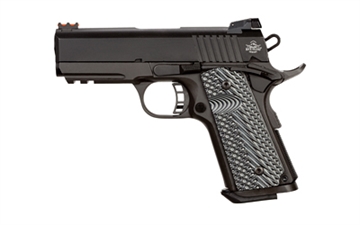 Picture of Rock Island Tac Ultra CS 45 ACP Caliber with 3.62" Barrel, 7+1 Capacity, Overall Black Parkerized Finish Steel, Picatinny Rail/Beavertail Frame, Serrated Slide & Black/Gray G10 Grip 51470