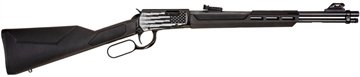Picture of Rossi Rio Bravo Full Size, Lever Action 22 WMR 12+1, 20" Polished Black Steel Barrel, Polished Black w/Lighting US Flag Engraving Steel Receiver, Black Fixed Stock, Right Hand RL22W201SYEN18