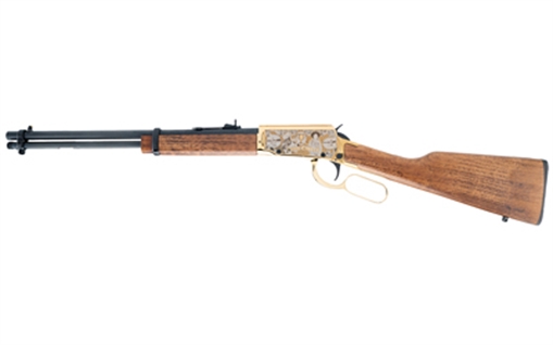 Picture of Rossi Rio Bravo, Annie Oakley, Lever Action, 22LR, 18" Barrel, Engraved PVD Gold Receiver, Blued Barrel, Wood Stock, Adjustable Buckhorn Rear Sight, Drift Adjustable Front Sight, 15 Rounds RL22181WD-GAO