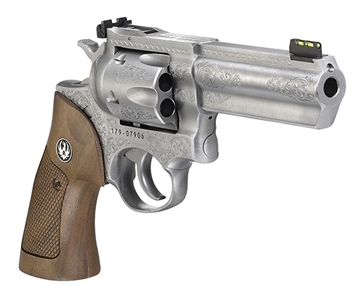 Picture of Ruger GP100, TALO Edition, Double/Single Action, Revolver, 357 Magnum, 4.2" Barrel, Steel, Satin Finish, Silver, Hardwood Grip, Fiber Optic Front and Adjustable Rear Sights, 6 Rounds, Engraved 01784