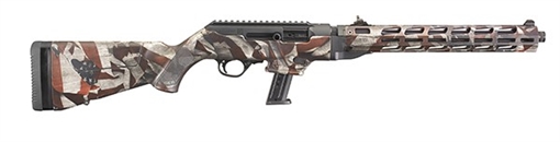 Picture of Ruger PC Carbine, Semi-automatic Rifle, 9MM, 16.12" Cold Hammer Forged Barrel, 1:10 Twist, American Flag Cerakote Finish, Fixed Stock, 1 Mag, 17Rd, MLOK Handguard, Weighs 7lbs, Adjustable Ghost Ring Rear Sight, Protected Blade Front Sight 19121