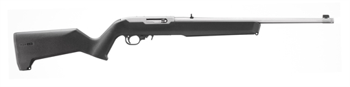 Picture of Ruger 10/22, Semi-automatic Rifle, 22 LR, 18.5" Cold Hammer Forged Barrel, 1/2x28 Threaded, Satin Finish, Silver, Black Magpul MOE X-22 Stock, Adjustable Rear Sight, Gold Bead Front Sight, 10 Rounds, 1 Magazine 31217